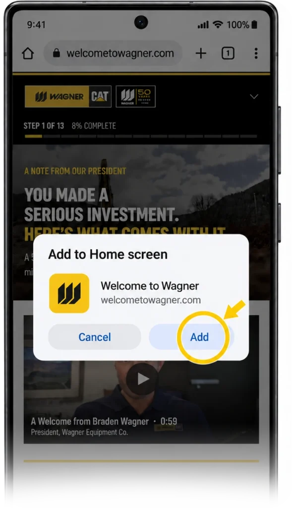 The Add to Home screen dialog with Add ringed