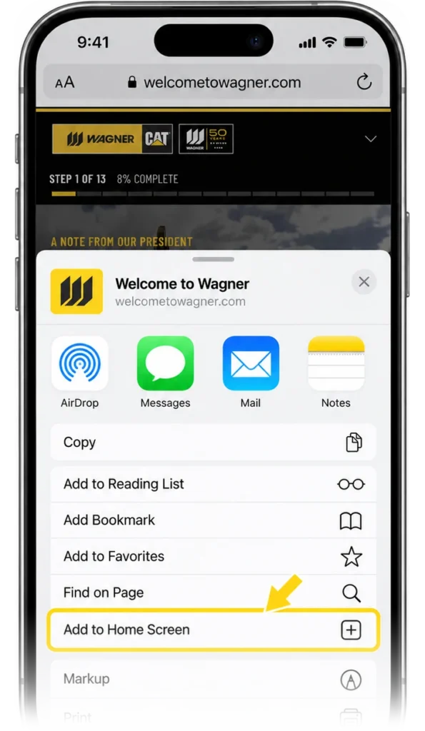 The iPhone share menu with Add to Home Screen ringed